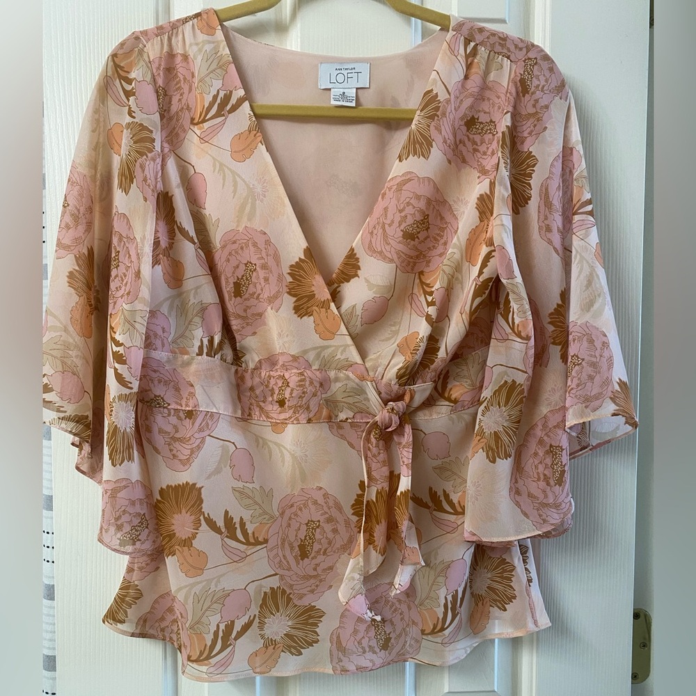 LOFT Pink and Tan Floral Wrap Blouse